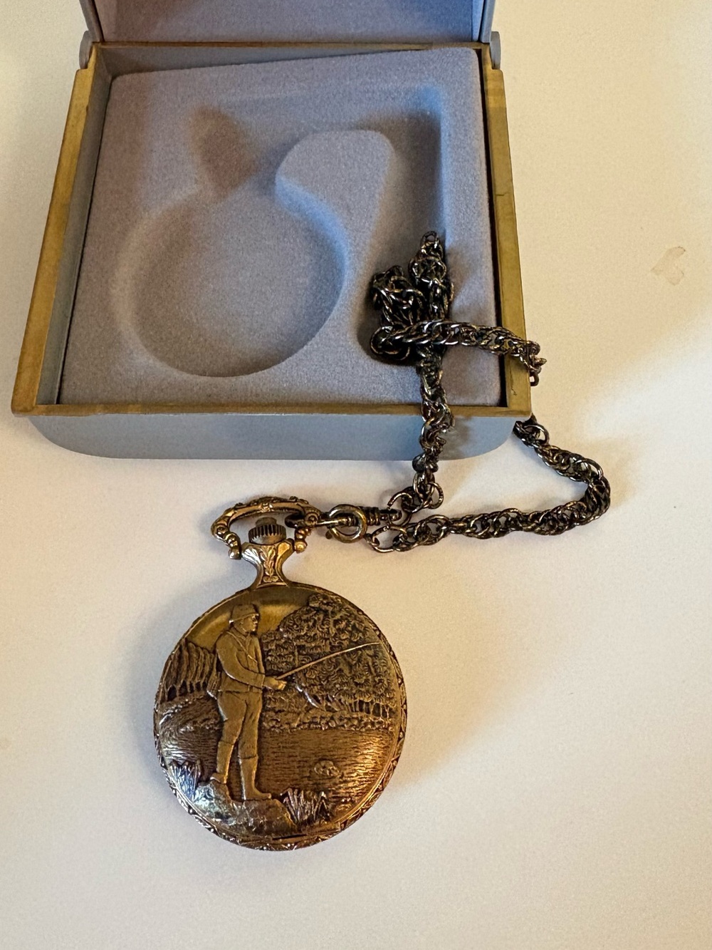Antique-Style Fishing Scene Pocket Watch Necklace - Bronze Tone